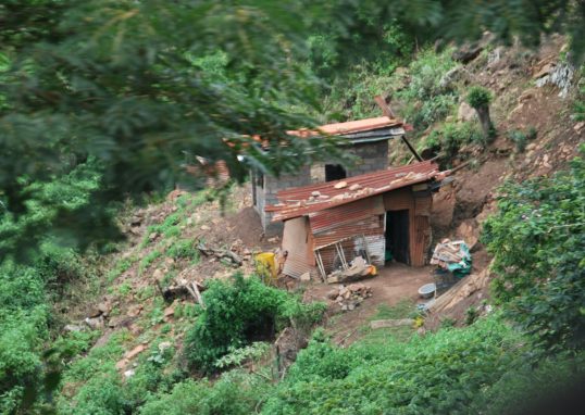 a small building sitting on top of a lush green hillside